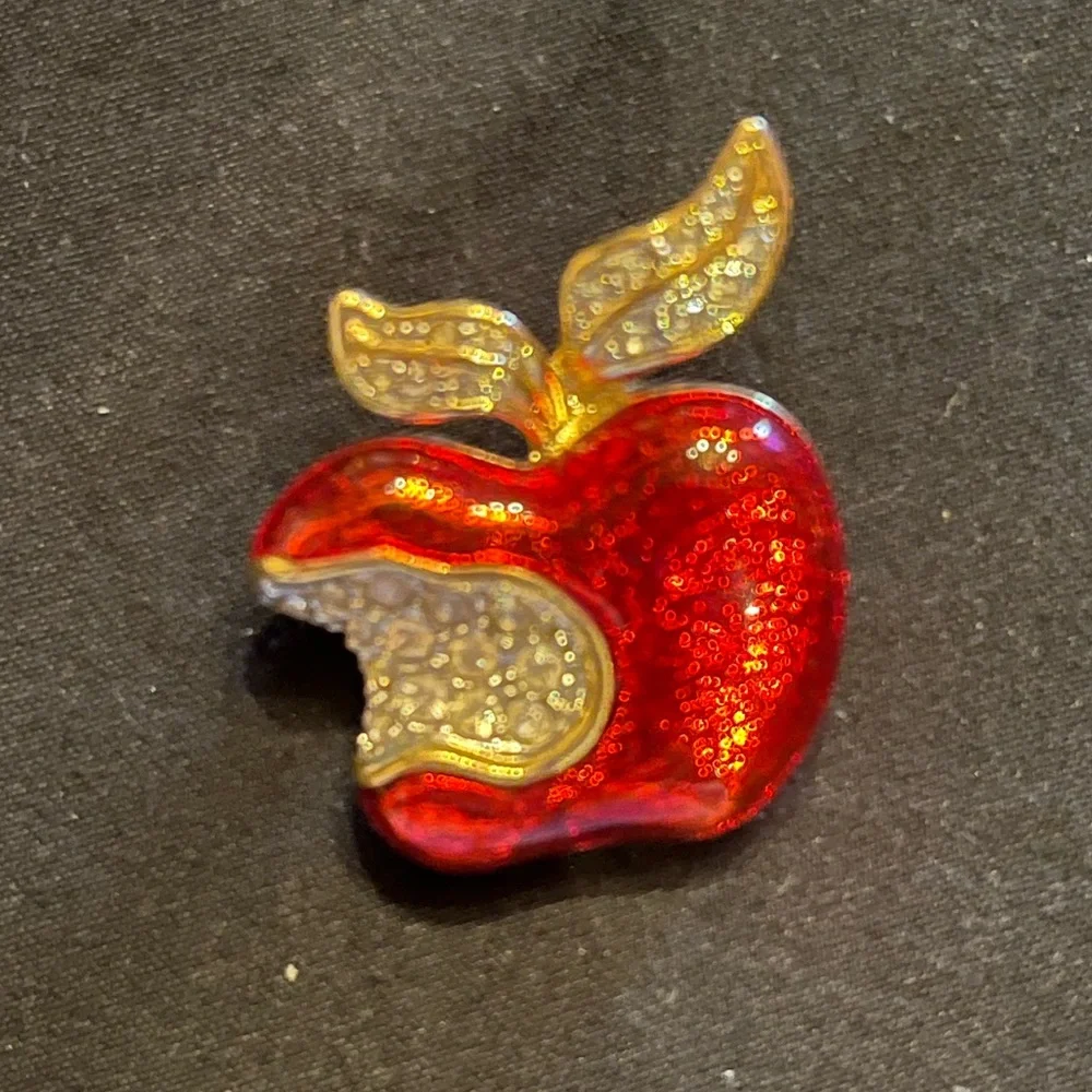 Vintage Red Apple Enamel Brooch with Bite Taken out Rhinestones